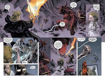 Exorcist with flaming sword battles a horned demon and a possessed girl; Hellboy looks on