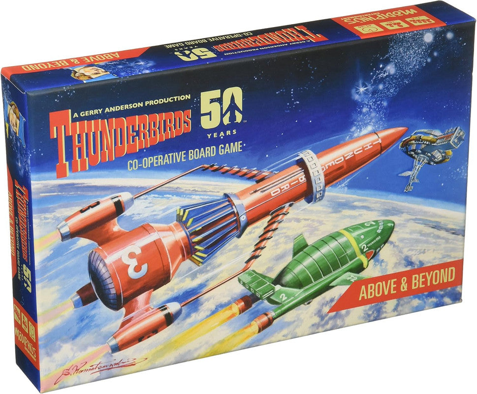 Thunderbirds Co-operative Board Game box shows red rockets and a green plane flying in space above Earth