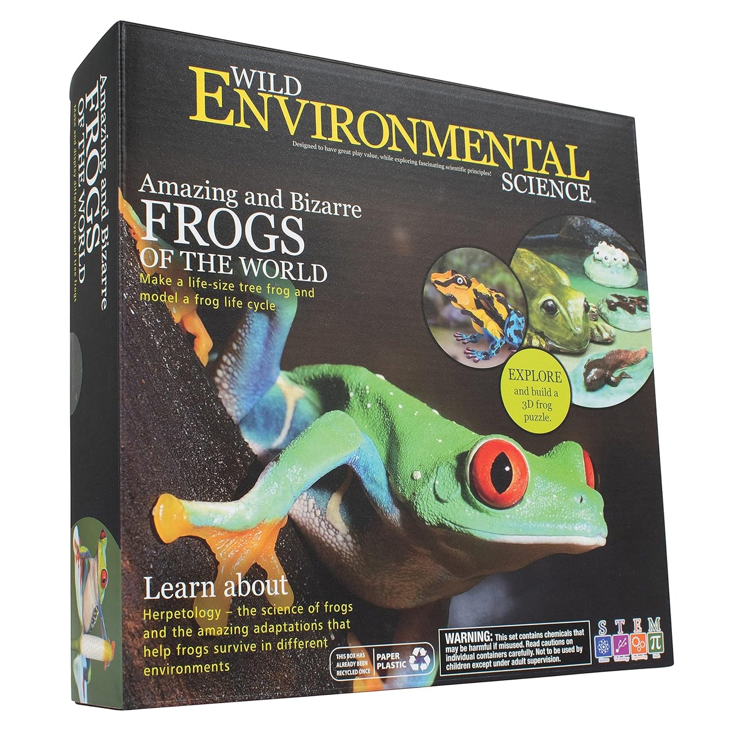 STEM kit box: "Amazing and Bizarre Frogs of the World," showing a vibrant Red-Eyed Tree Frog