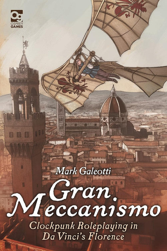 An illustration of a person in a Da Vinci-inspired glider flying over Florence's iconic dome and tower