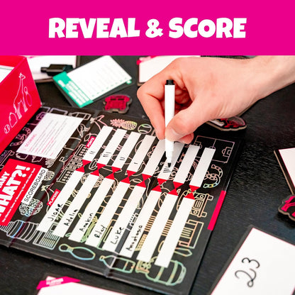 Hand marking scores on a black board game scorecard using a white dry erase marker