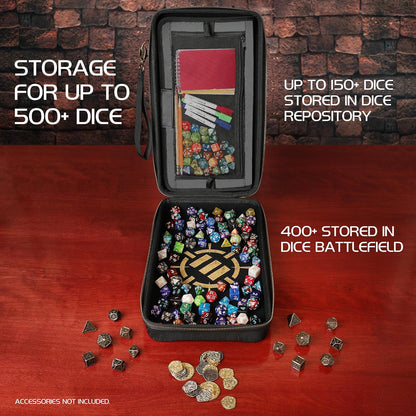 An open black dice storage case showcasing its capacity, filled with various colorful dice