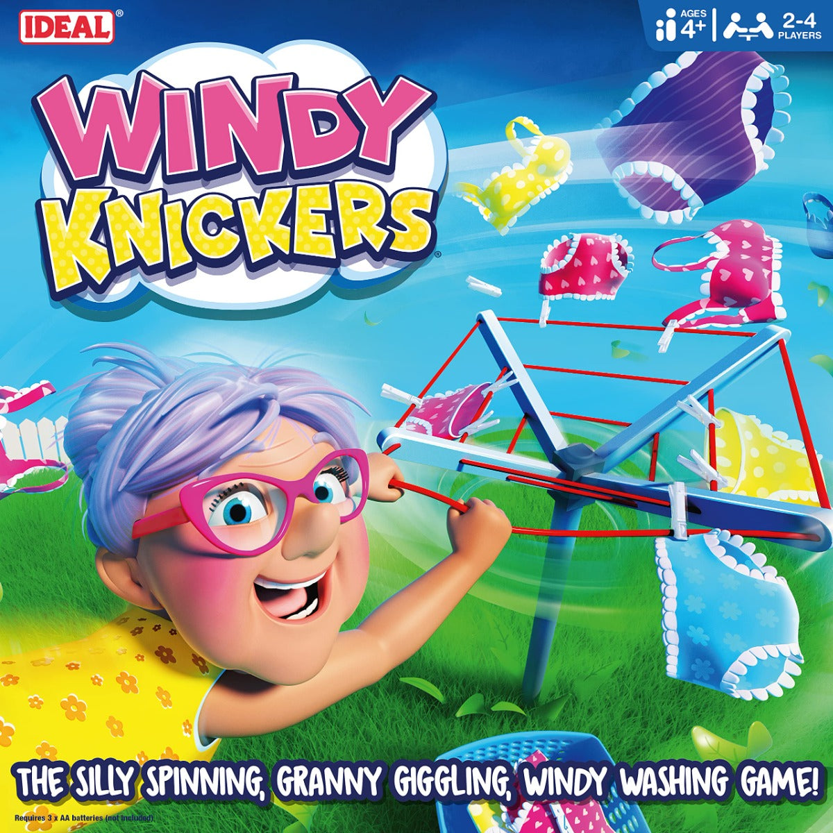 Windy Knickers game cover: A giggling cartoon granny holds a washing line with colorful underwear spinning in the wind