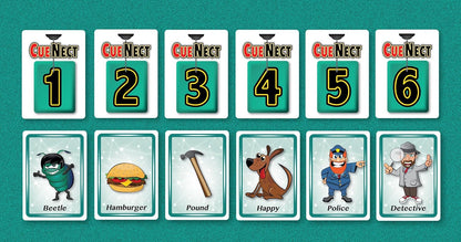 CueNect game layout showing six green numbered tokens (1-6) over six illustrated clue cards