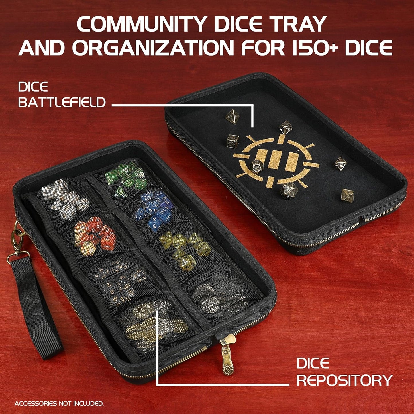 Two open black zippered cases-one organizes colorful polyhedral dice in mesh compartments; the other is a rolling tray with metal dice