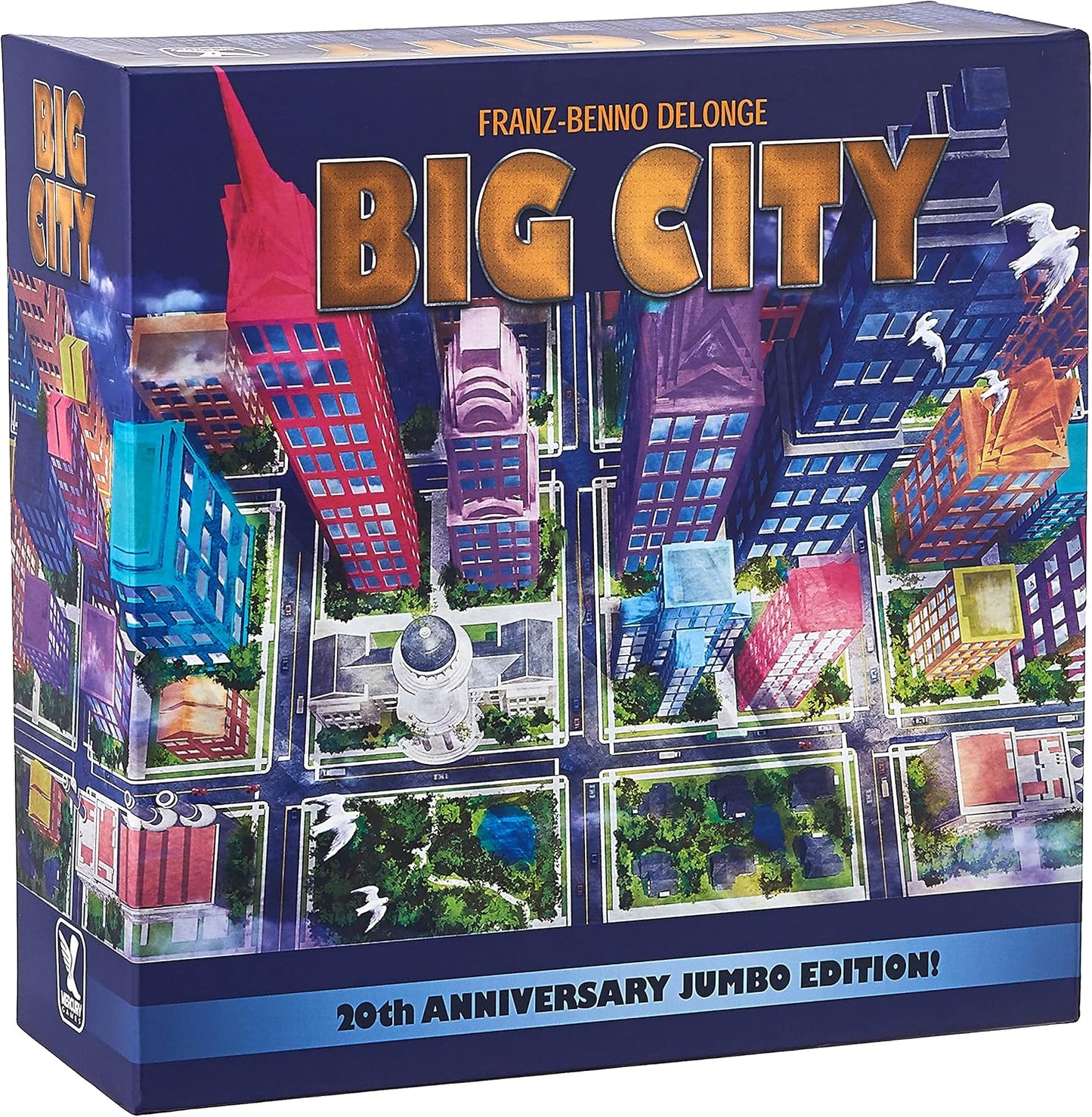 BIG CITY board game box. Vibrant overhead city grid with skyscrapers. Text: 20th ANNIVERSARY JUMBO EDITION!