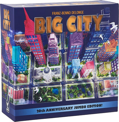 BIG CITY board game box. Vibrant overhead city grid with skyscrapers. Text: 20th ANNIVERSARY JUMBO EDITION!