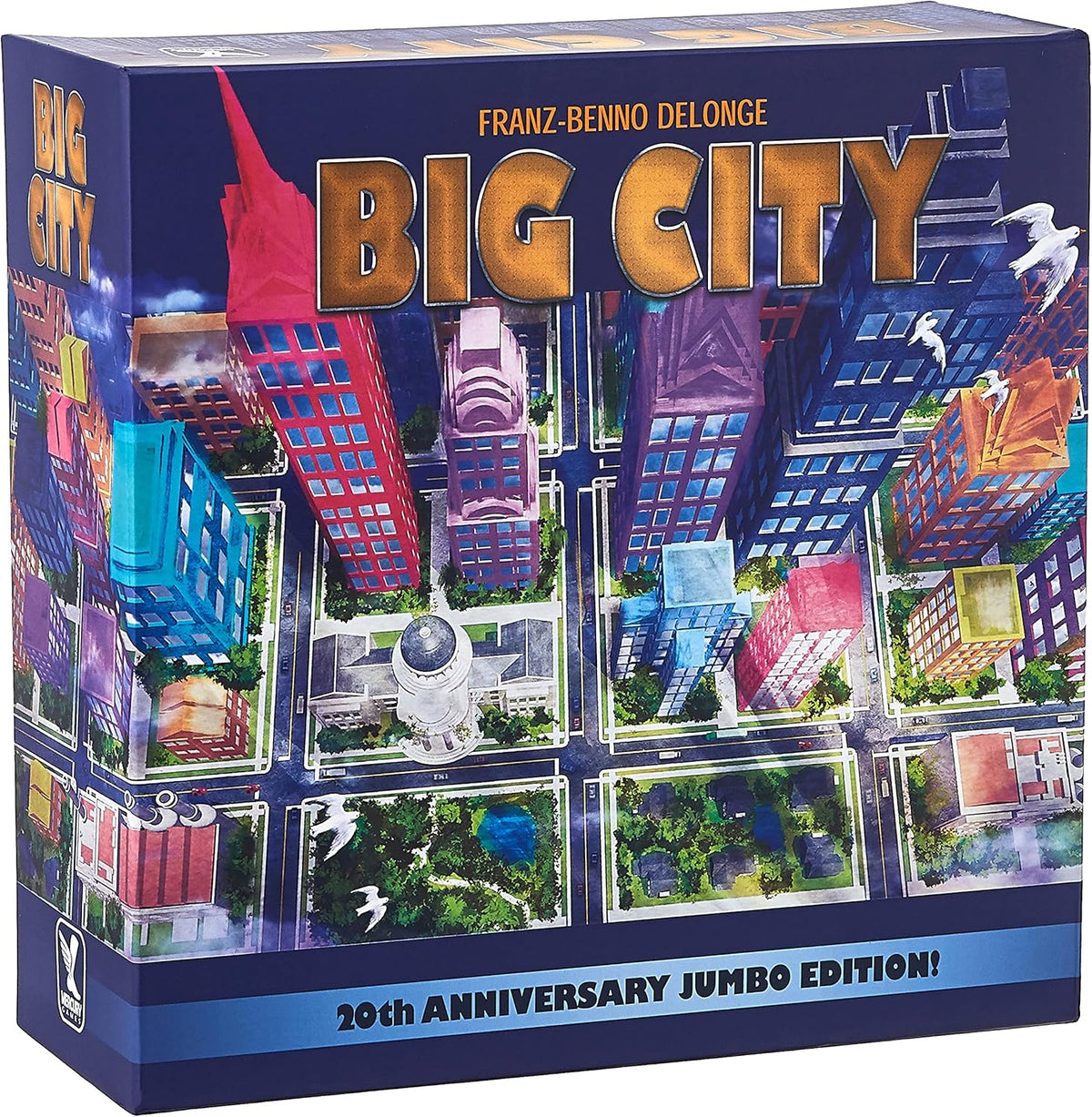 BIG CITY board game box. Vibrant overhead city grid with skyscrapers. Text: 20th ANNIVERSARY JUMBO EDITION!