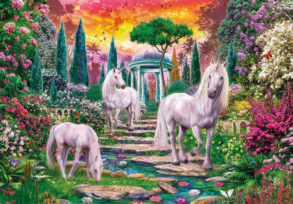 Three white unicorns in a lush, fantasy garden, drinking from a pond beneath a vivid sunset