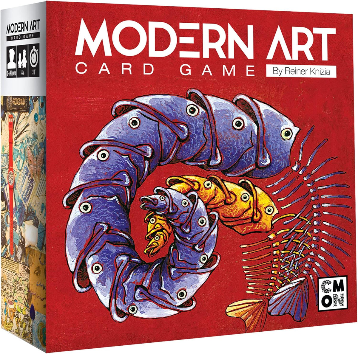 Card Game box with vibrant red background and stylized spiraling fish bones illustration