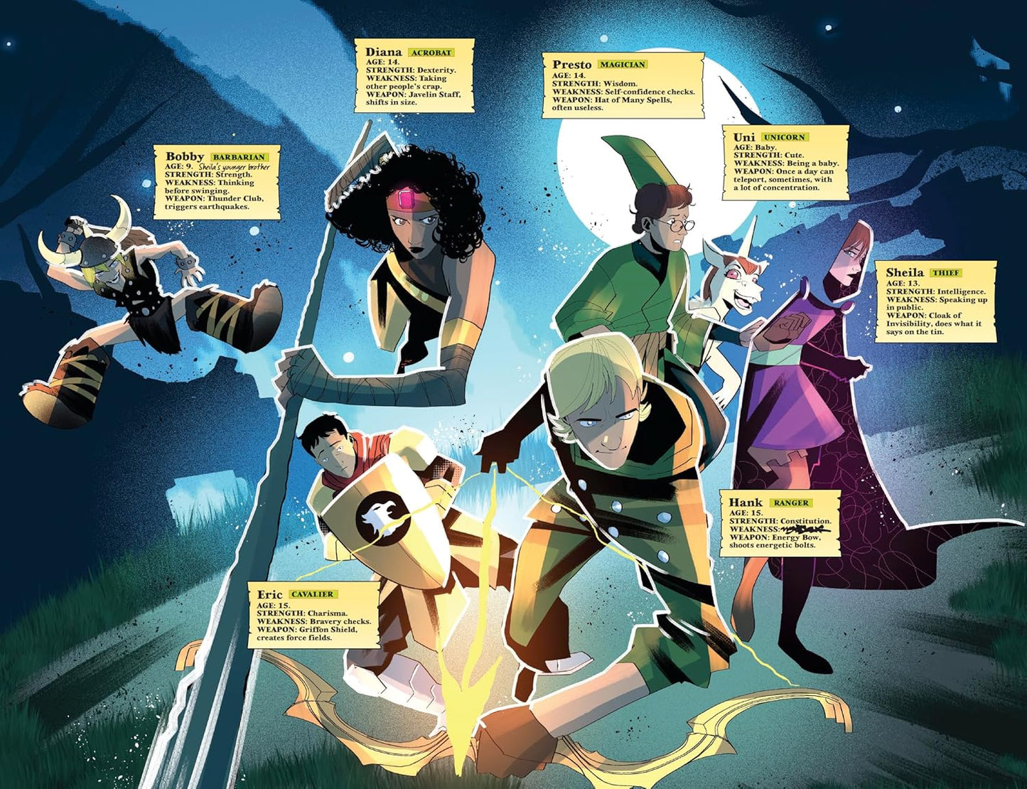 Vibrant comic art shows 7 D&D cartoon heroes in dynamic poses, each with a text box listing their stats