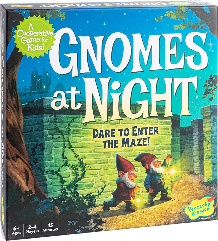 Gnomes at Night cooperative board game packaging box for kids featuring two gnomes with lanterns exploring a dark green maze wall at dusk