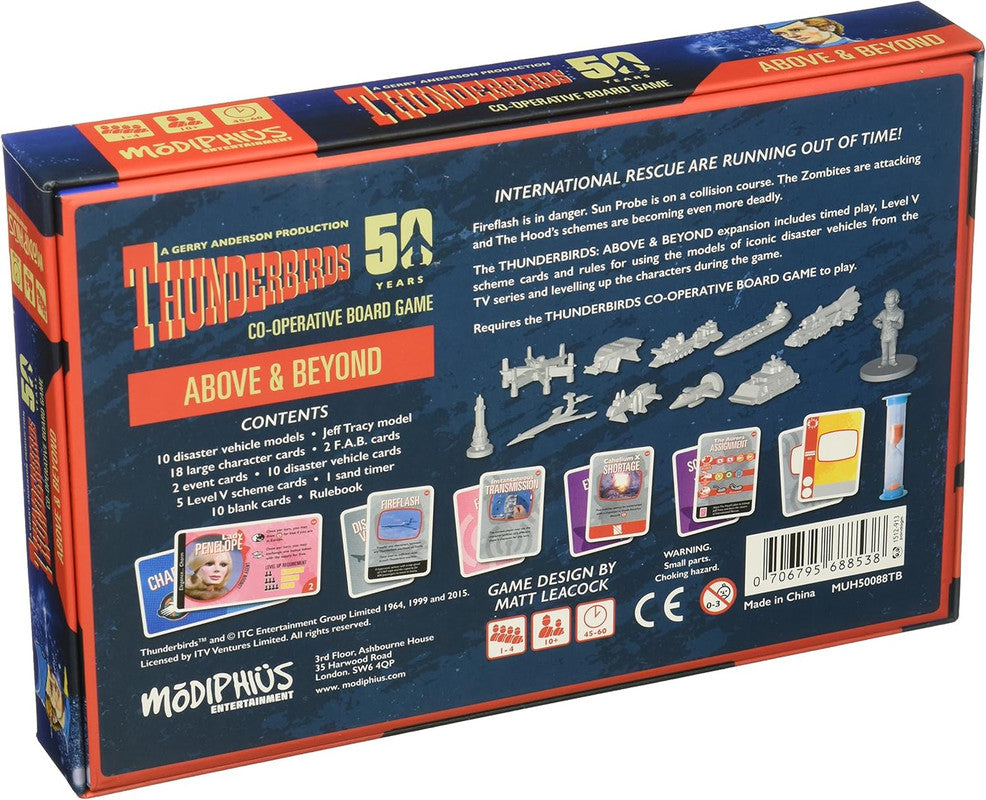 Back of the Thunderbirds Above & Beyond board game box, displaying grey vehicle miniatures, a character figure, and game cards
