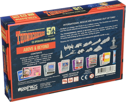 Back of the Thunderbirds Above & Beyond board game box, displaying grey vehicle miniatures, a character figure, and game cards