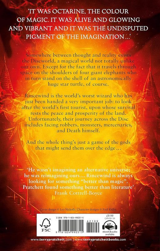 Back cover of a novel with white text describing Discworld & Rincewind, against a fiery orange & red glow, dark spires