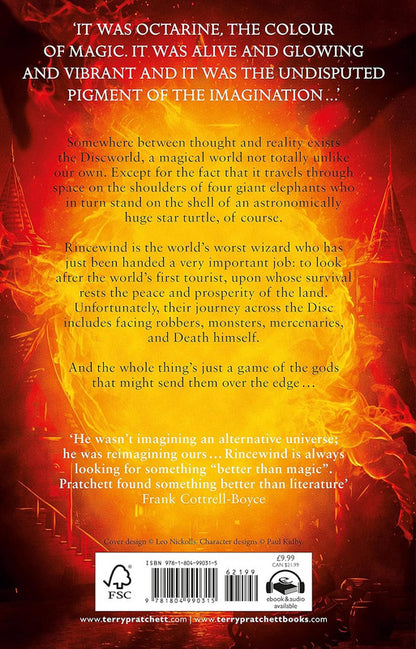 Back cover of a novel with white text describing Discworld & Rincewind, against a fiery orange & red glow, dark spires
