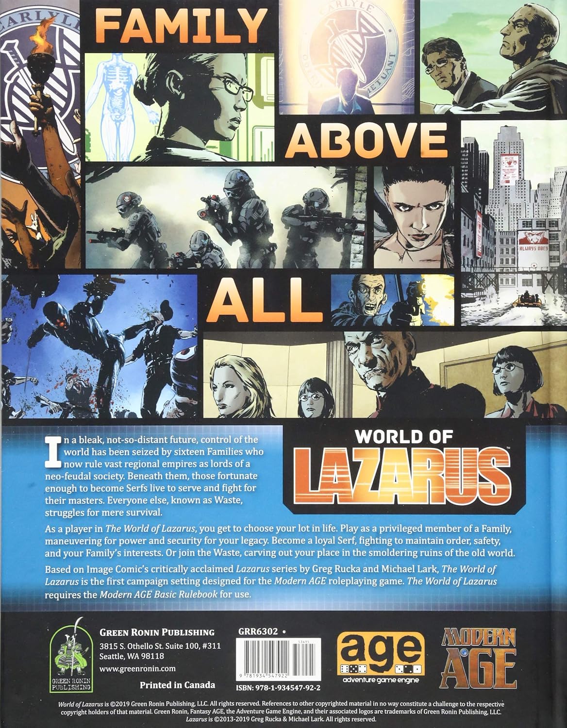 World of Lazarus back cover, comic art collage: intense characters, armed soldiers, and a grim, futuristic cityscape
