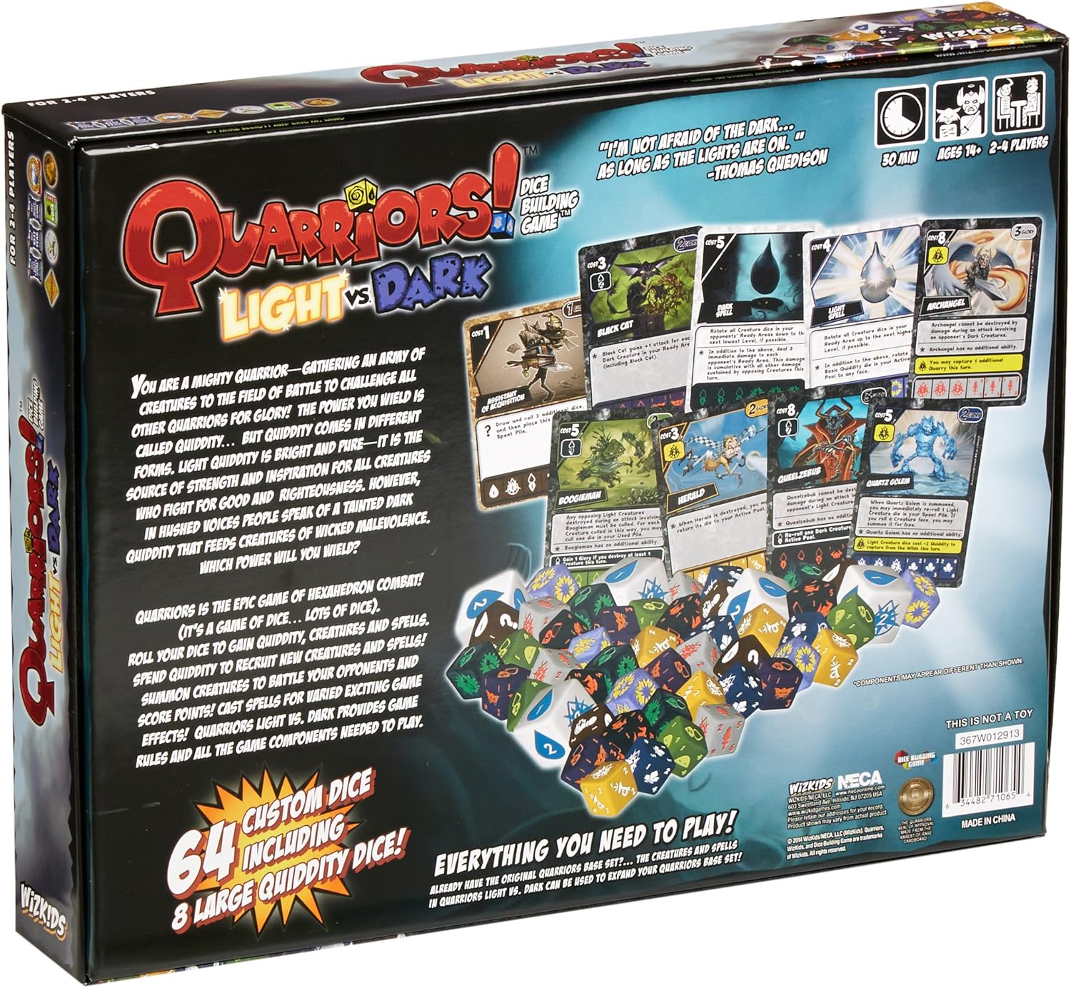Back of the Quarriors! Light vs Dark box showing game rules, creature cards, and a large scattered pile of custom dice