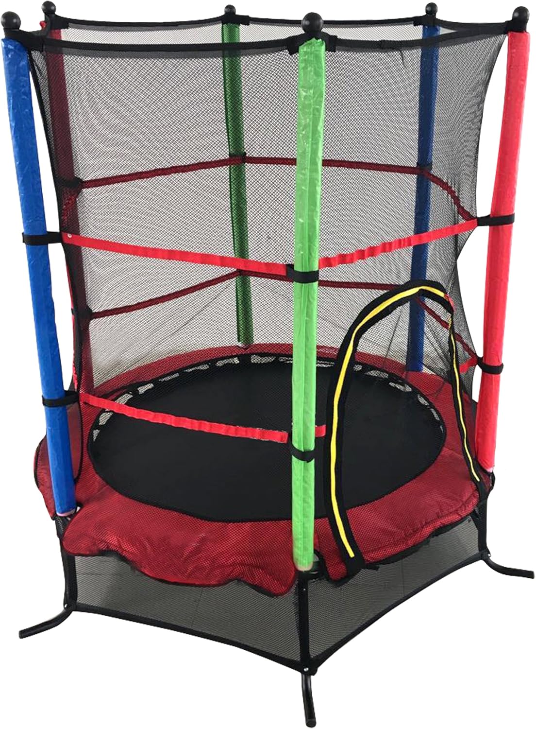 A small, enclosed trampoline featuring a black mat, red padding, and multicoloured safety poles (blue, green, red)