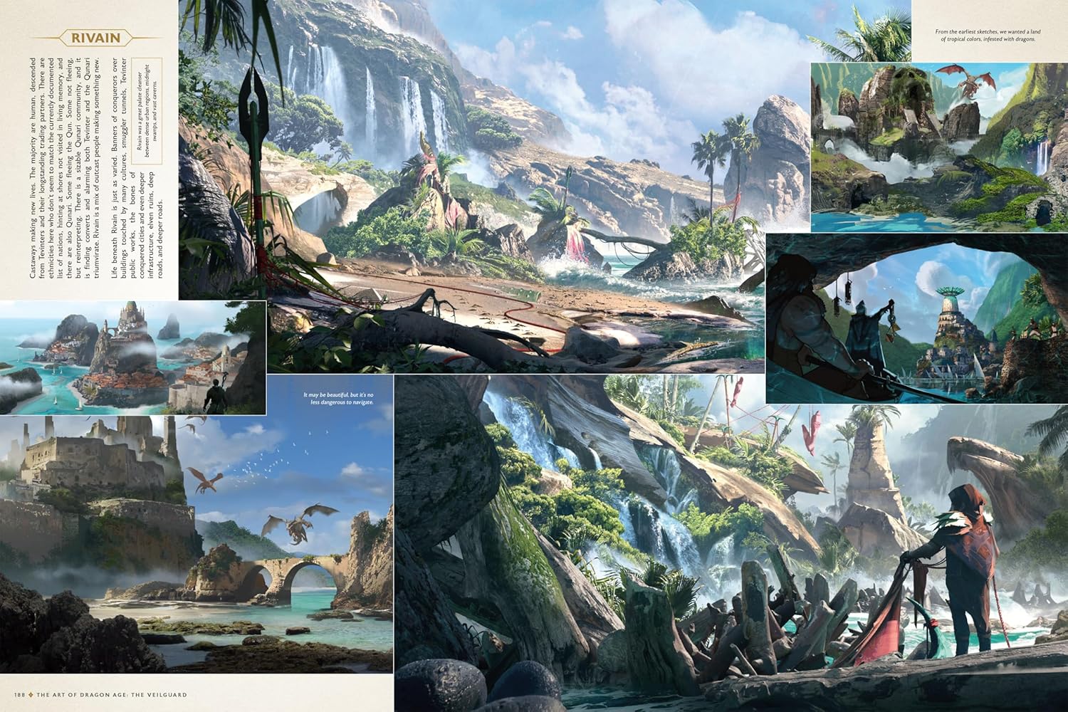 Concept art collage for Dragon Age's Rivain: tropical jungles, waterfalls, ancient ruins, and flying dragons