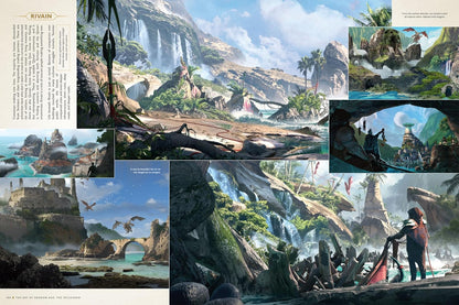 Concept art collage for Dragon Age's Rivain: tropical jungles, waterfalls, ancient ruins, and flying dragons