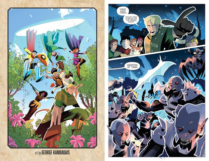 A diverse team of heroes prepare to battle a horde of pale, monstrous creatures, led by a pointing blonde man