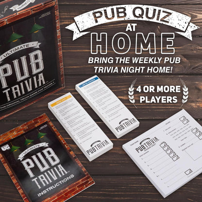 Pub Trivia game box, question cards and answer sheets displayed for a home quiz night