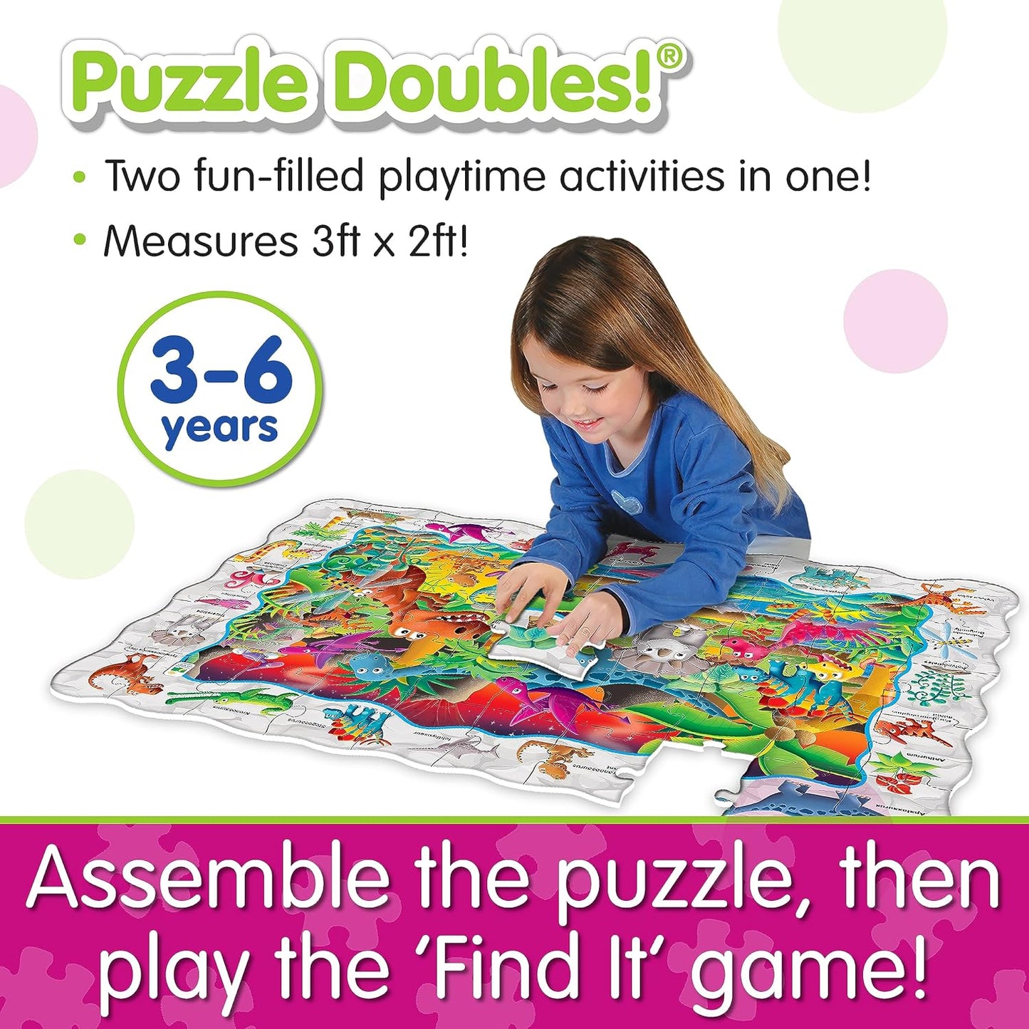 A young girl assembling a large, colorful floor puzzle featuring cartoon creatures