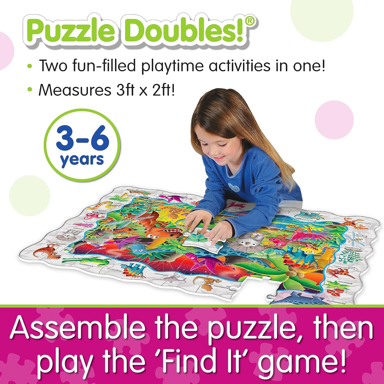 A young girl assembling a large, colorful floor puzzle featuring cartoon creatures