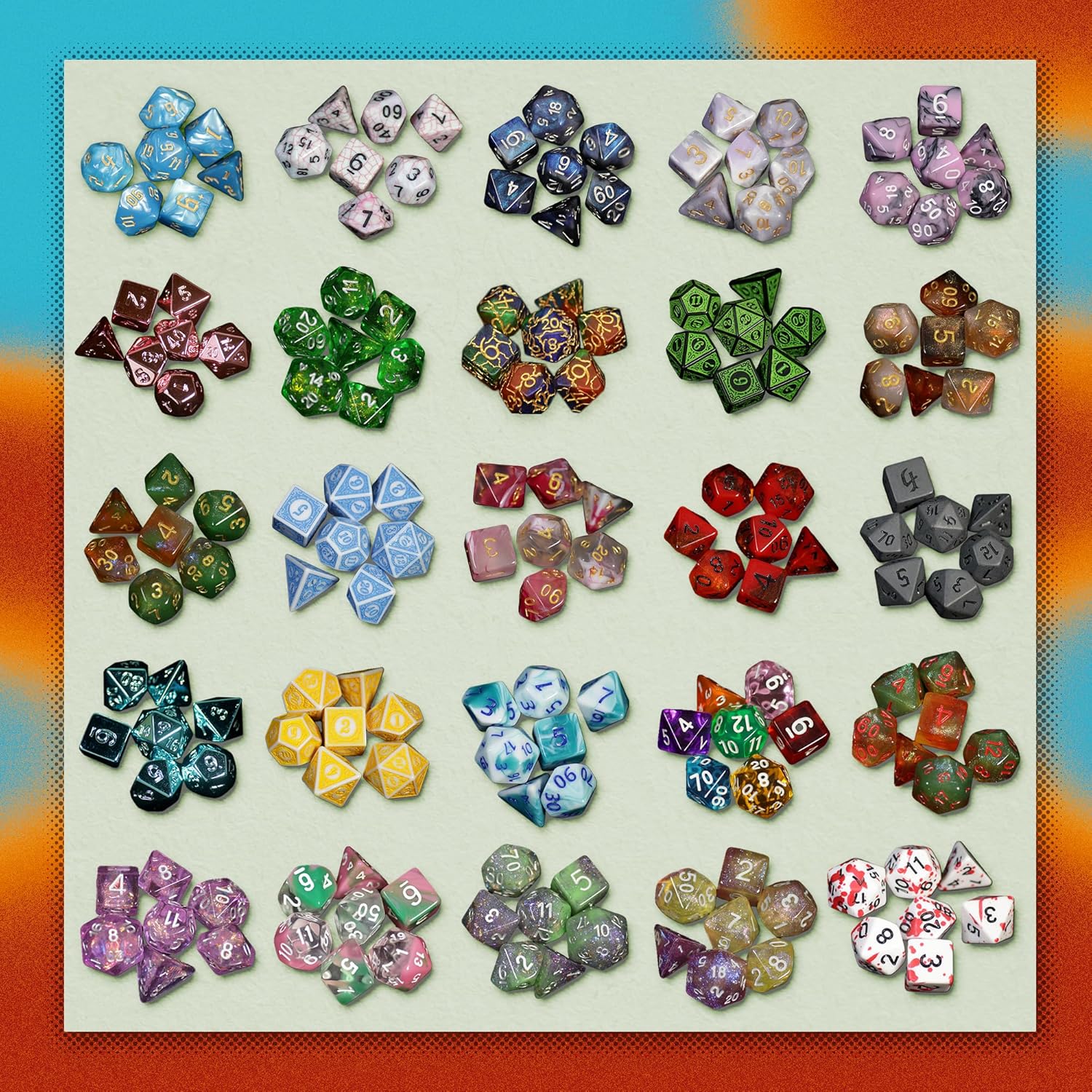 Twenty diverse sets of colorful polyhedral dice -  arranged in a grid