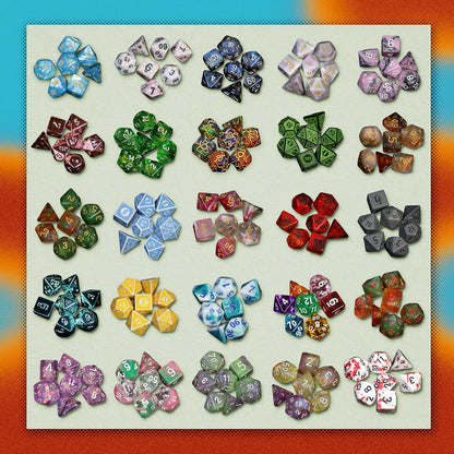 Twenty diverse sets of colorful polyhedral dice -  arranged in a grid