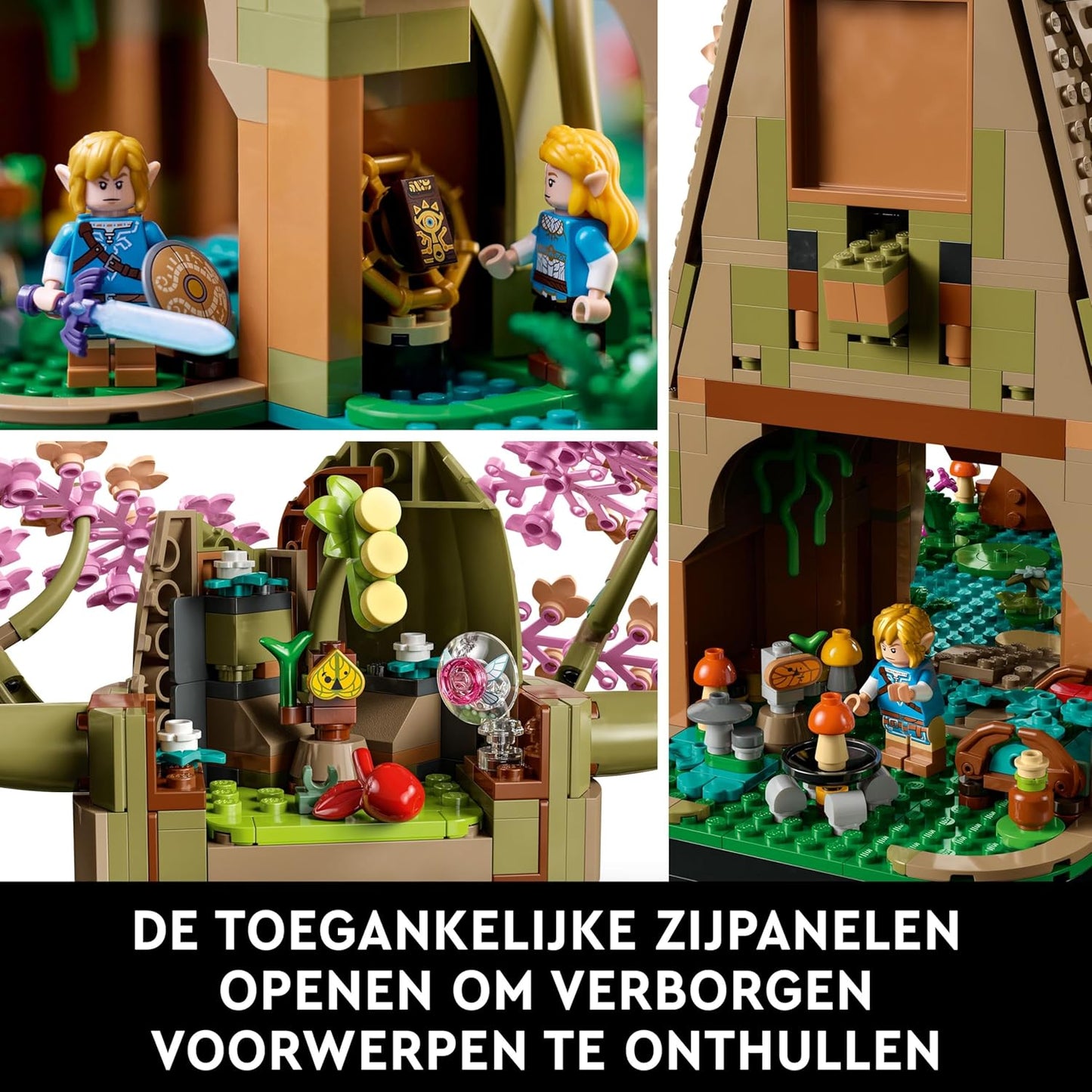 Collage showing the LEGO Great Deku Tree set with Link and Zelda minifigures and articulated hidden jungle compartments