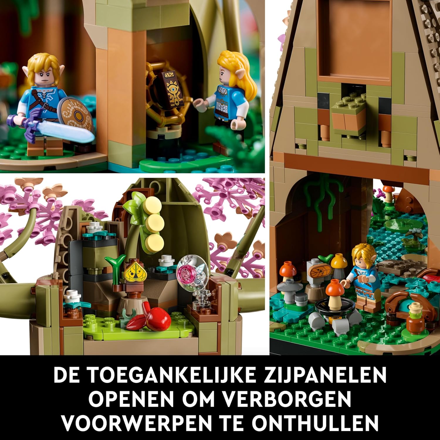 Collage showing the LEGO Great Deku Tree set with Link and Zelda minifigures and articulated hidden jungle compartments