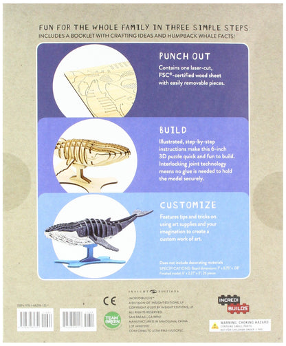 Humpback Whale 3D Wood Model and Book showing a punch-out parts assembled model and a customized painted model