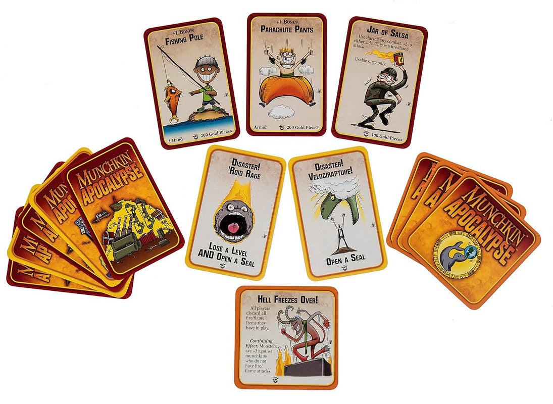 Colorful Munchkin Apocalypse board game cards, featuring humorous illustrations, spread out on a white surface