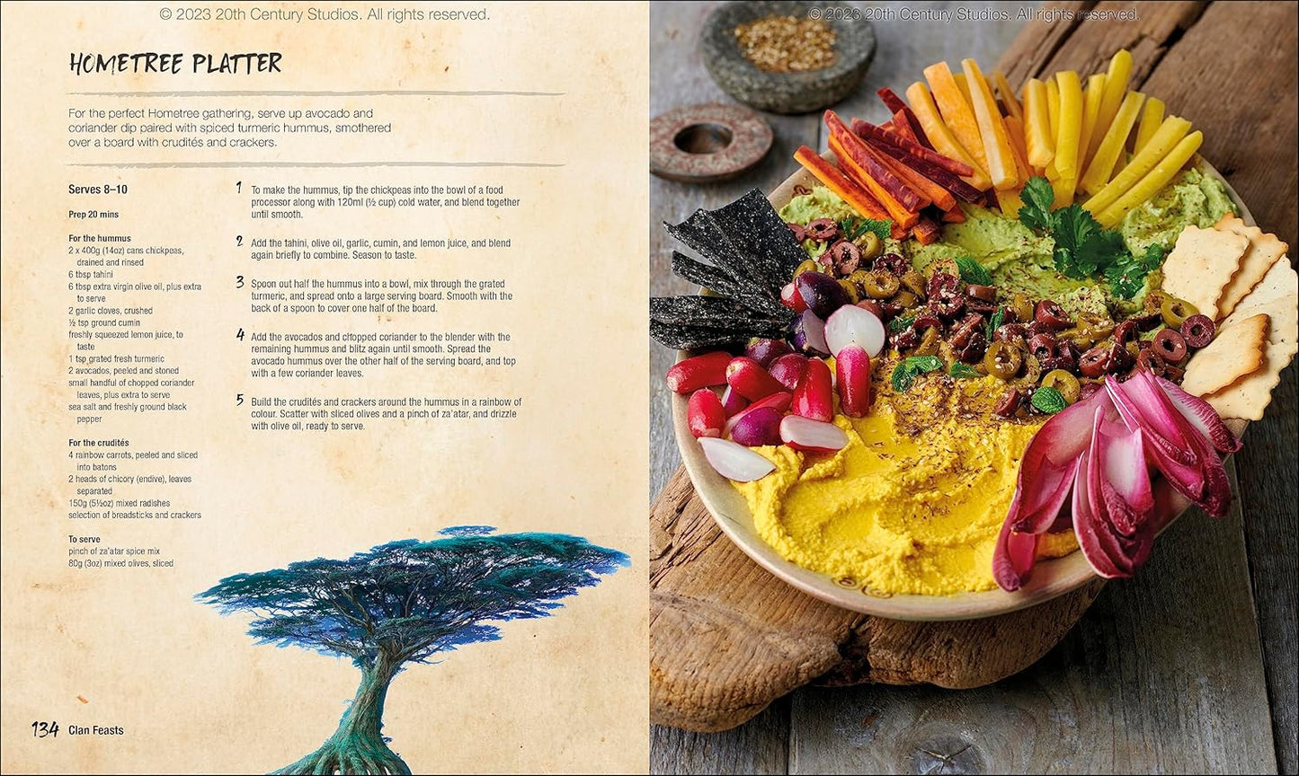 A vibrant Hometree Platter with yellow hummus -  green dip -  various crudits -  olives -  and crackers on wood