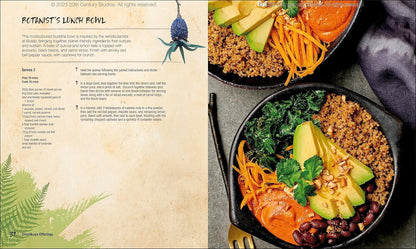Cookbook page: Two colorful "Botanist's Lunch Bowls" with quinoa -  avocado -  kale -  beans -  carrots -  and red pepper sauce