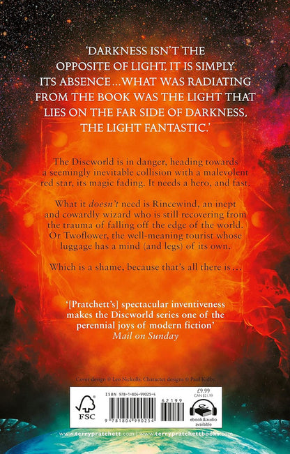 Back cover: Dark, starry space, a central fiery orange-red glow, and a blue Discworld at the bottom