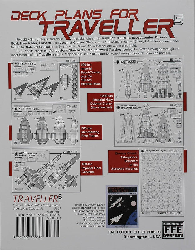 Five deck plan sheets for Traveller5 starships ScoutCourier Express Boat Free Trader Corvette and Colonial Cruiser with a large Starchart of the Spinward Marches