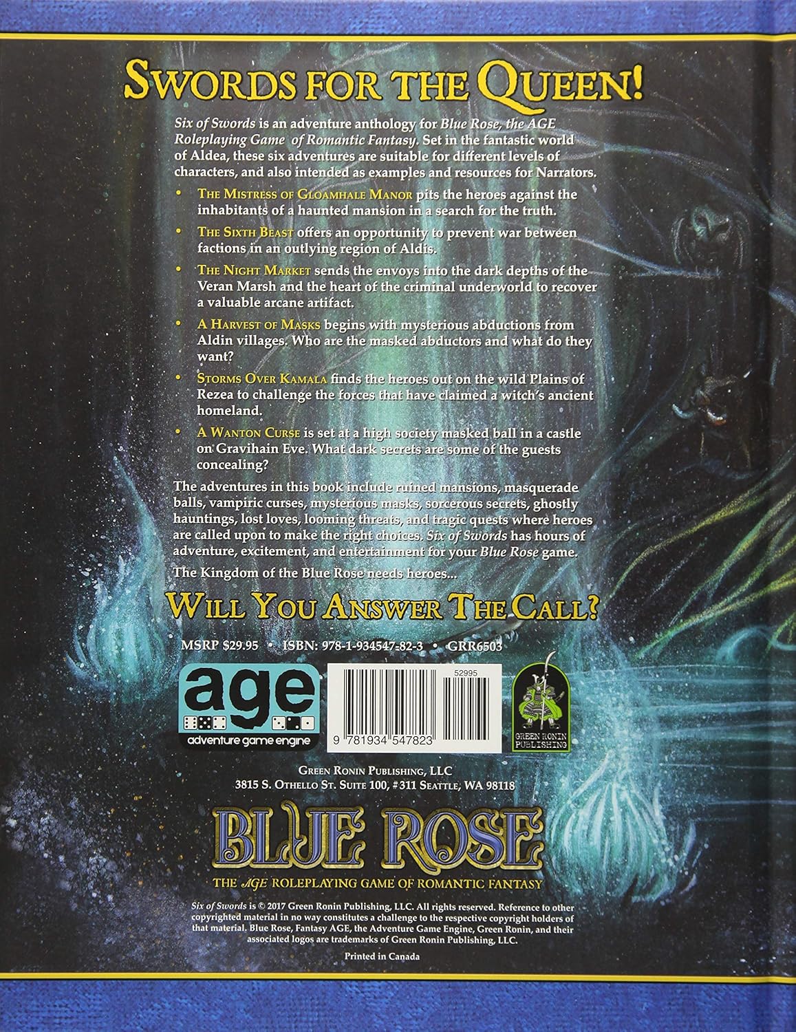 Back cover of "Swords for the Queen!", an anthology for Blue Rose RPG, with dark fantasy background.