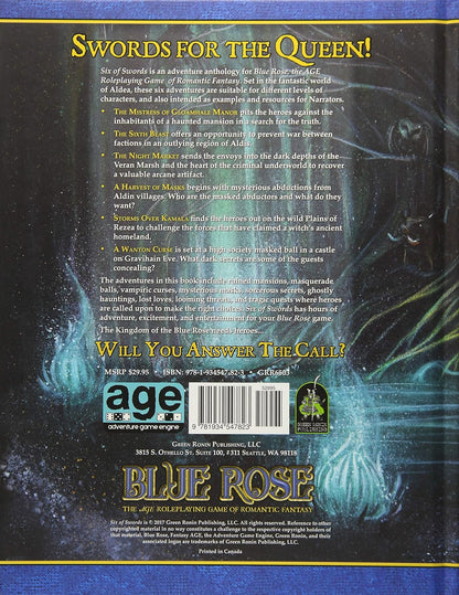 Back cover of "Swords for the Queen!", an anthology for Blue Rose RPG, with dark fantasy background.