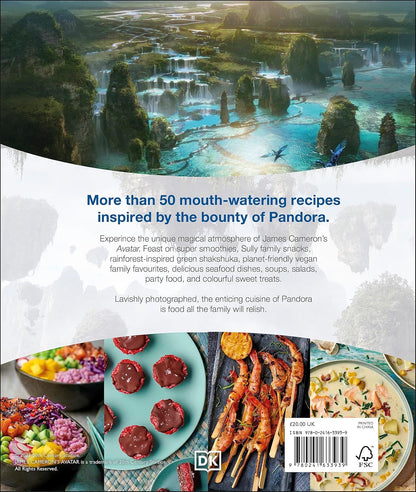 Cookbook cover: Pandora landscape from Avatar above a collage of vibrant recipes like shrimp skewers -  desserts -  and grain bowls