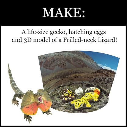 Models of a Frilled-neck Lizard, spotted gecko, and hatching eggs displayed on a poster with the text "MAKE:"