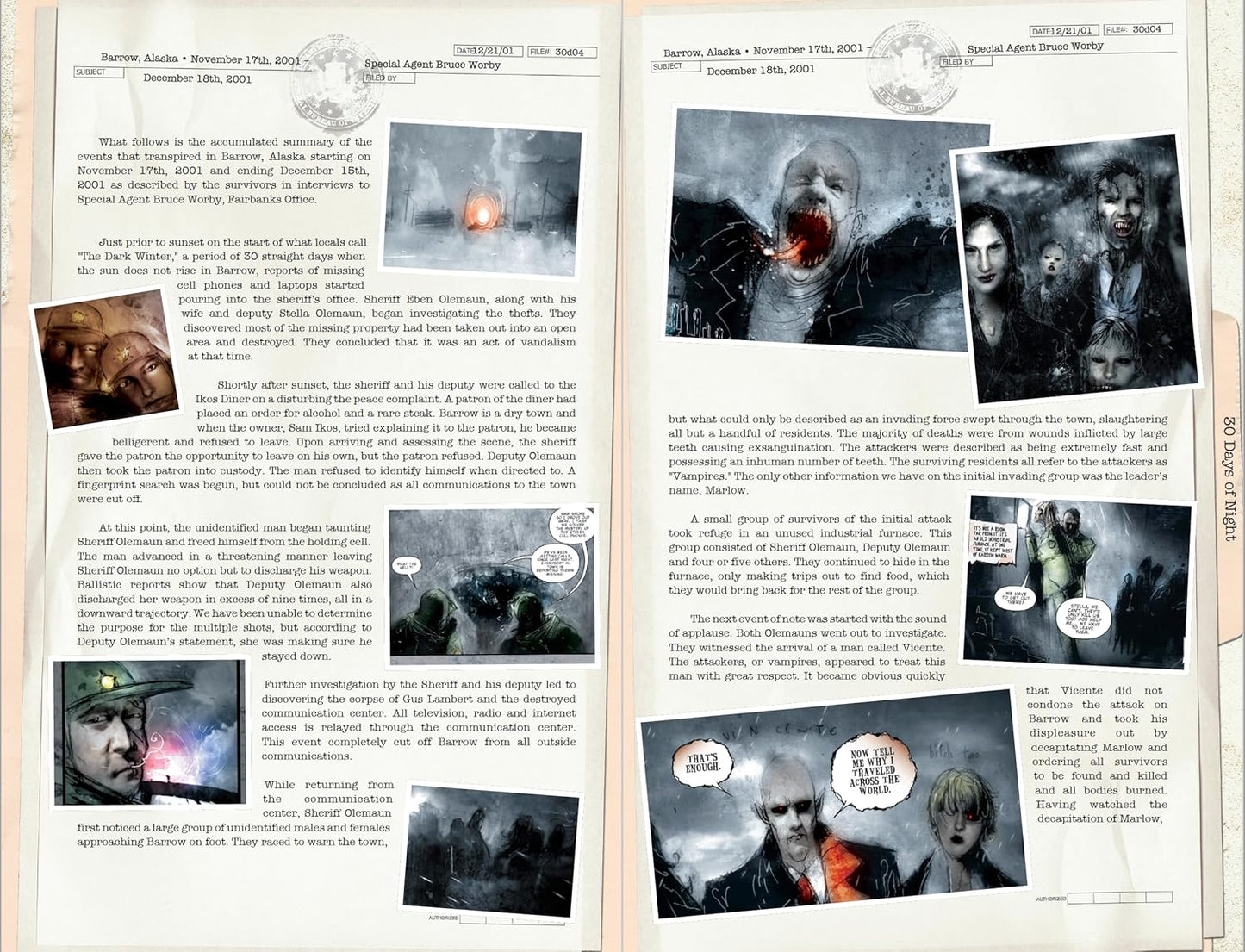 Document with comic panels of terrifying vampires: a snarling beast -  a family -  and two male vampires talking -  from the '30 Days of Night' story