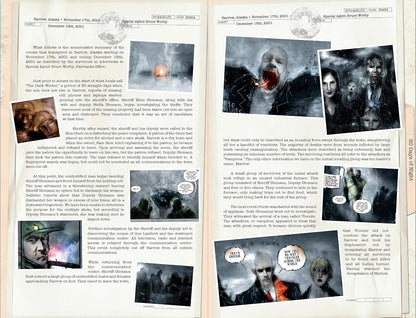 Document with comic panels of terrifying vampires: a snarling beast -  a family -  and two male vampires talking -  from the '30 Days of Night' story