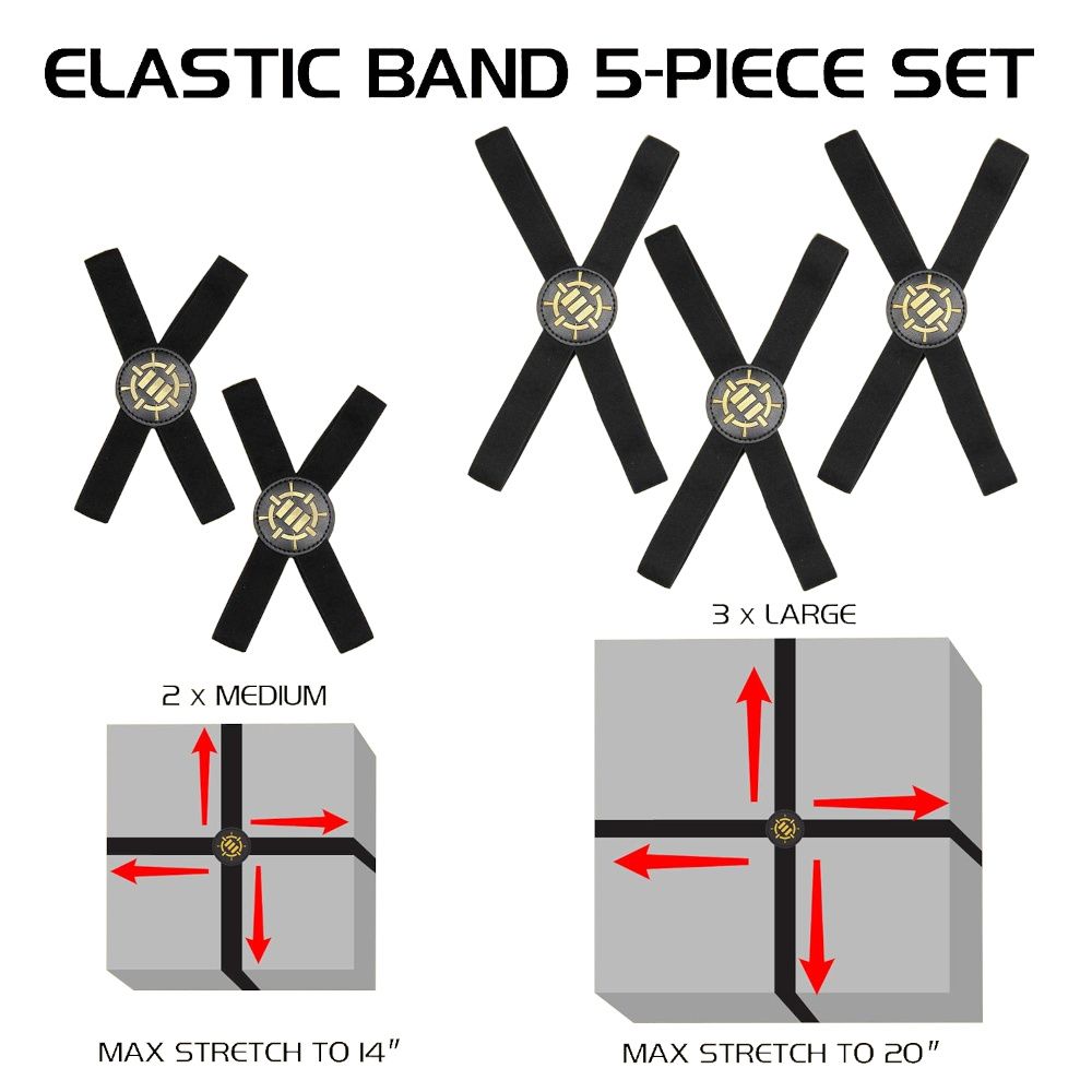 A 5-piece elastic band set: 2 medium (14" max stretch) and 3 large (20" max stretch) bands. Diagrams show stretch limits
