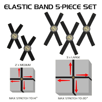 A 5-piece elastic band set: 2 medium (14" max stretch) and 3 large (20" max stretch) bands. Diagrams show stretch limits