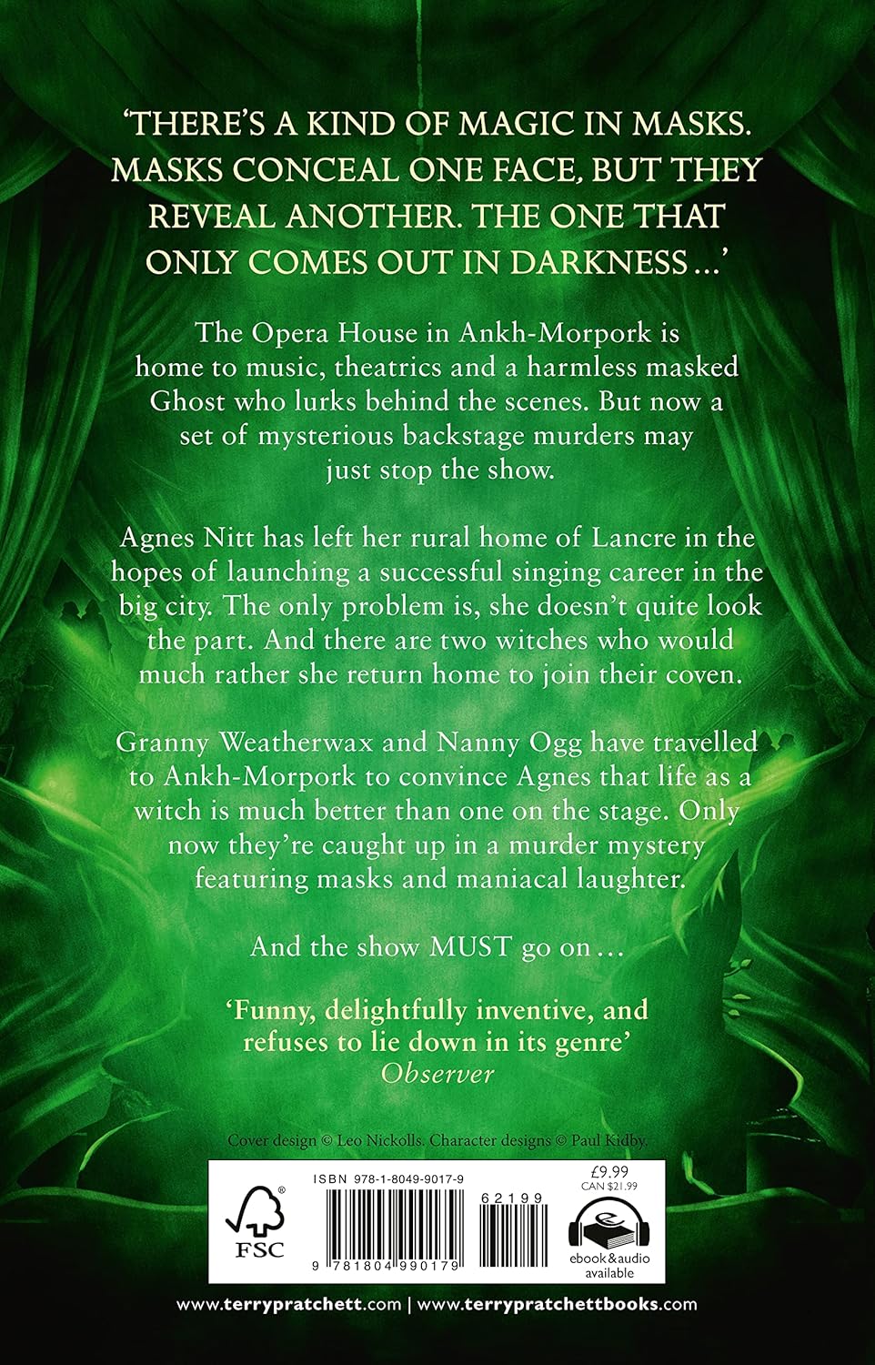 Green fantasy novel back cover with synopsis about witches, an opera house, masked ghost, by Terry Pratchett