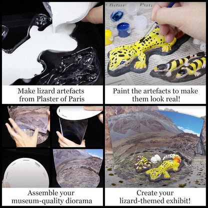 Four-panel collage showing how to mold and paint lizard figures, then assemble them into a desert diorama exhibit