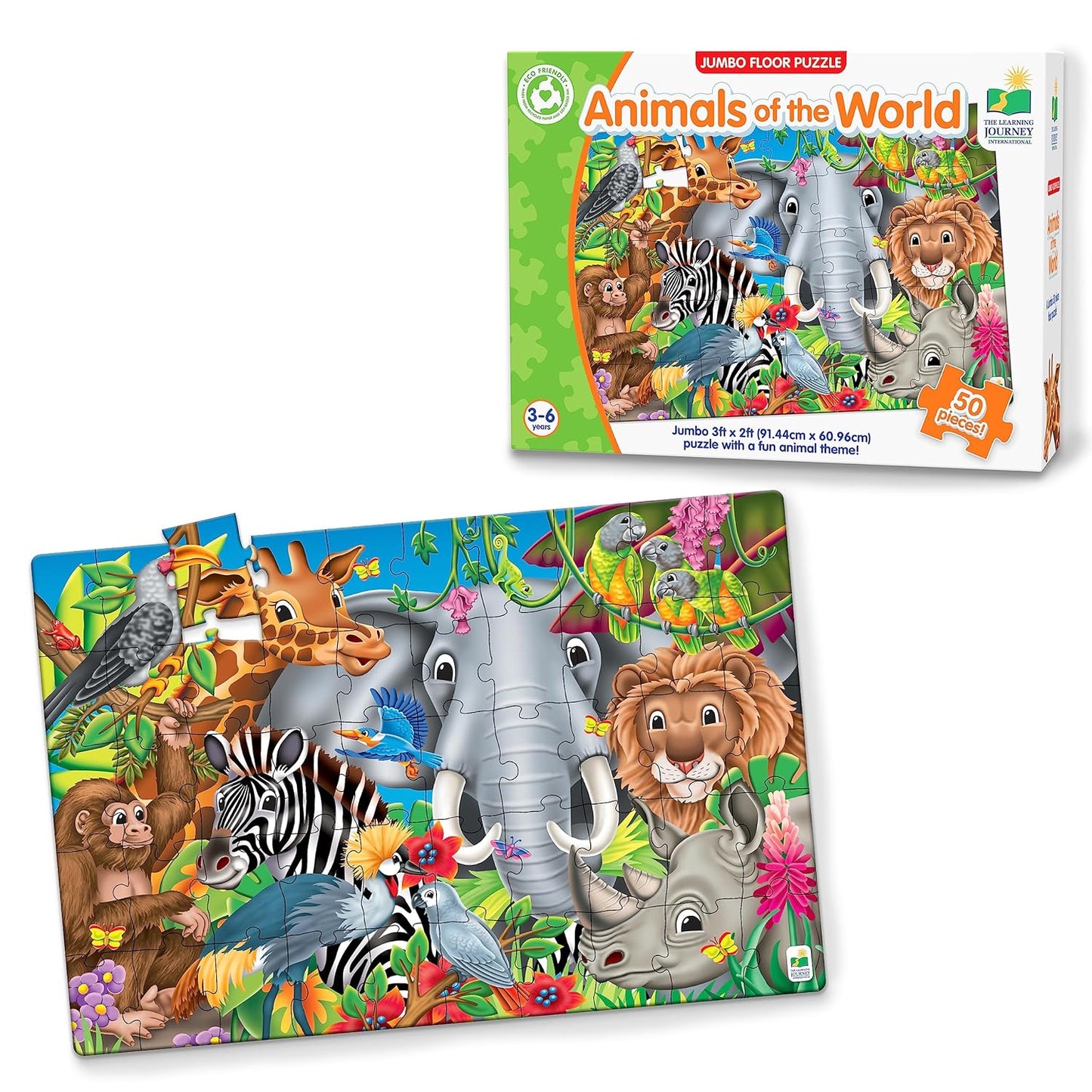 Box and assembled 50-piece "Animals of the World" jumbo puzzle featuring cartoon elephant, lion, zebra, and birds